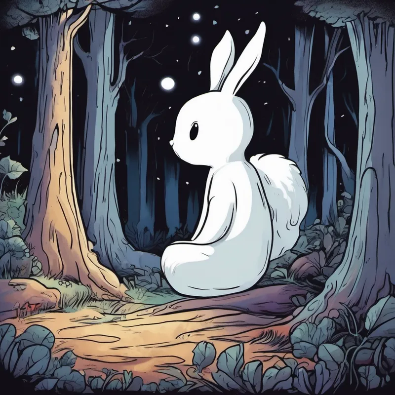 Once upon a time, in a mysterious forest, there lived a little ghost named Casper. Casper was friendly and kind, but he had one big fear: humans. He had heard so many scary stories about them from his ghost friends, and his imagination would run wild with fear every time he thought about them. One moonlit night, as Casper was floating through the trees, he noticed a lost bunny named Cotton who had strayed far from his cozy burrow. Cotton was feeling scared and alone, desperately searching for a way back home.