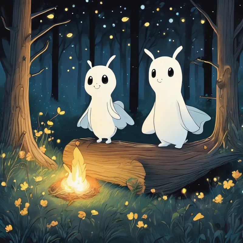 Cotton hesitated for a moment and slowly nodded, placing his trust in Casper. Together, they embarked on a journey through the enchanted forest, walking quietly on floating clouds that were invisible to humans. As they ventured deeper into the woods, they came across a group of fireflies dancing around a campfire. The fireflies were amazed to see Casper and Cotton. They had never encountered a ghost before, and they danced around them with excitement.