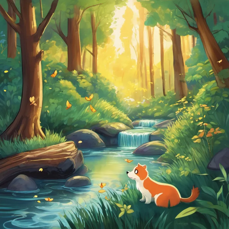 Casper, entertained by the fireflies' enchanting dance, forgot all about his fears. He realized that not all creatures were as scary as he had imagined, and that some could be kind and friendly too. Feeling braver than ever, Casper and Cotton continued their adventure, finding a cozy stream flowing through the forest. Suddenly, they heard giggles and laughter nearby. They peeked through the leaves and saw a family having a picnic by the stream, enjoying sandwiches and cake.