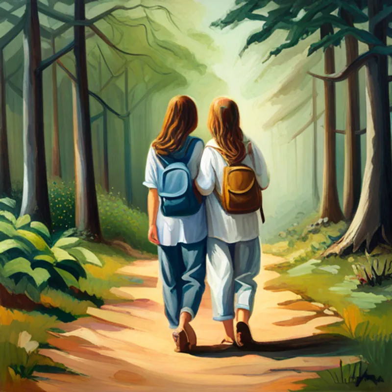 Las dos amigas sonrientes con mochilas en el bosque