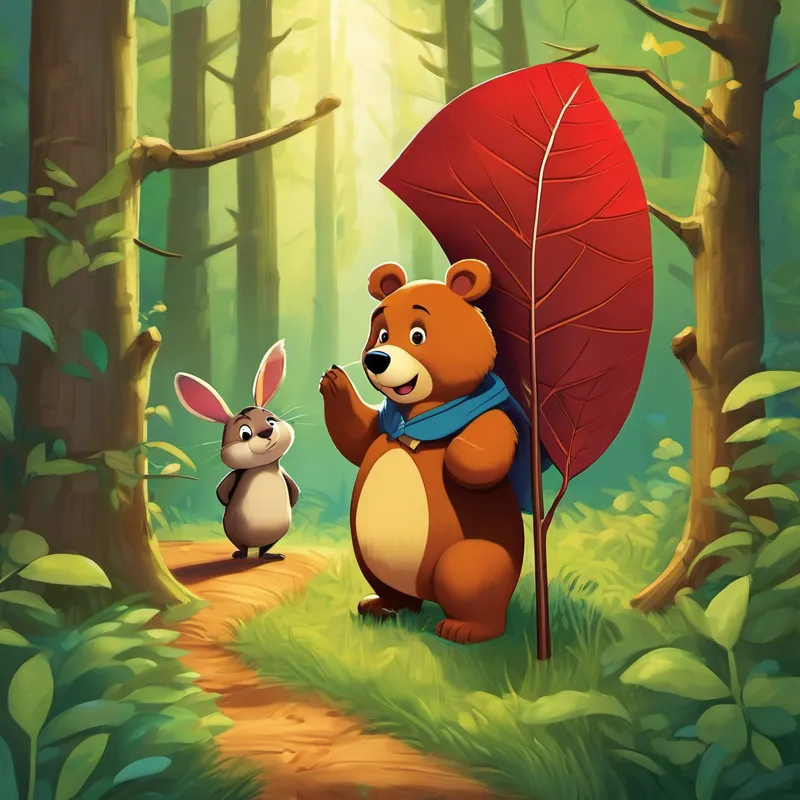 "So, Sammy gathered all of his animal friends – Benny the bear, Chloe the rabbit, and Eddie the bird – and told them he would give them clues to find his hidden acorns." "The first clue Sammy gave them was, 'Go to the tallest tree in the forest and look for a red leaf.' Benny the bear, being the tallest animal, quickly found the tree and the red leaf. Then, Chloe the rabbit, being the best hopper, found a small arrow drawn on the leaf pointing to the next clue."
