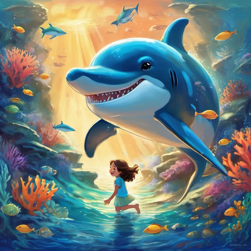 Once upon a time, in the magical world of the deep blue sea, there lived a kind-hearted dolphin named Delilah. Delilah was loved by all the sea creatures because of her playful nature and lively spirit. She was always happy and loved making new friends. Just outside the beautiful coral reef, in a small coastal town, there lived a little girl named Lily. Lily was full of curiosity and loved exploring the wonders of the ocean. However, Lily was scared of one thing - sharks. She had seen pictures of them in books, and they seemed so fierce and terrifying!