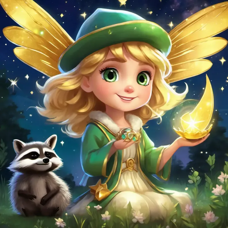 The scene depicts Sparkling fairy with golden hair, green eyes, and shimmering wings under the stars, holding a shiny stone, and a raccoon emerging from it, wearing a little hat and a mischievous grin.