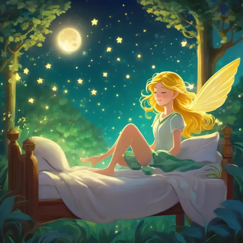 It shows Sparkling fairy with golden hair, green eyes, and shimmering wings in her bed, with the moon setting outside, and then vanishing with a sparkling trail as she falls asleep.