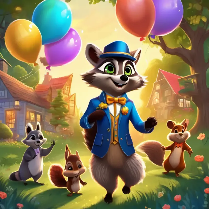 Sparkling fairy with golden hair, green eyes, and shimmering wings, Mischievous raccoon with a dapper hat and a curious twinkle, and the squirrel are back at the cottage, having a fun time with music, laughter, and dancing, as dawn breaks with colorful balloons in the distance.