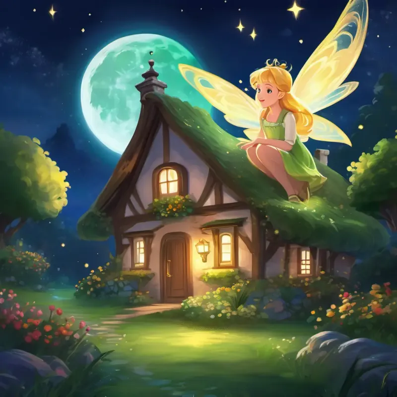 The page shows a moonlit night with a small cottage, and Sparkling fairy with golden hair, green eyes, and shimmering wings, a sparkling fairy with golden hair and wings, looking excited.