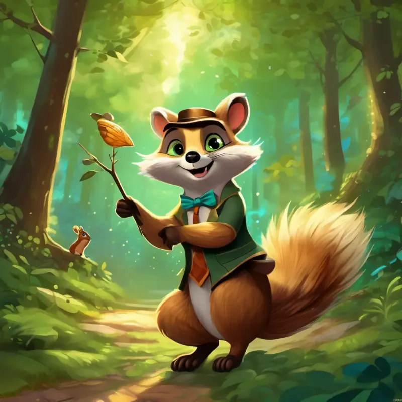Sparkling fairy with golden hair, green eyes, and shimmering wings and Mischievous raccoon with a dapper hat and a curious twinkle are seen racing through the woods, with the squirrel perched on a branch, snoring loudly, and shaking the trees around him.