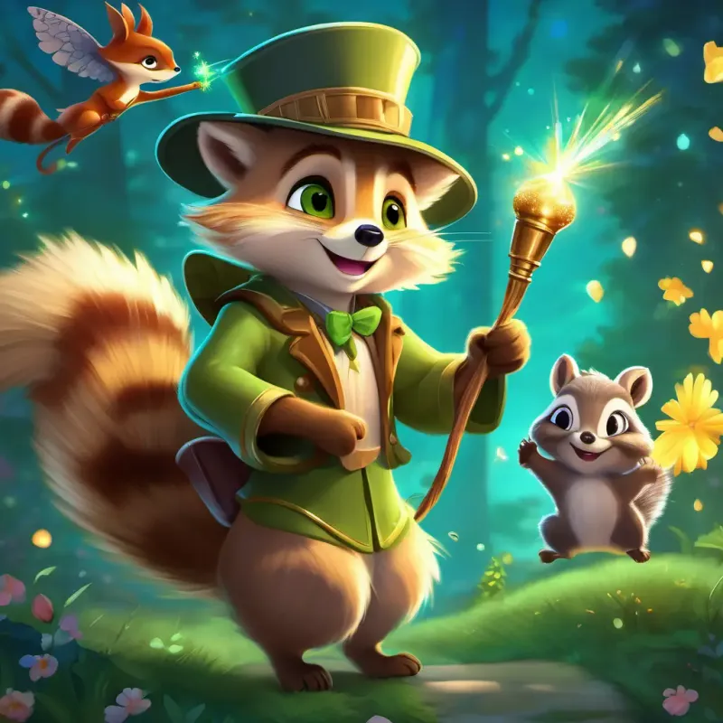 Sparkling fairy with golden hair, green eyes, and shimmering wings is seen waving her wand, with Mischievous raccoon with a dapper hat and a curious twinkle dancing and the squirrel silent, and magical sparkles filling the air.
