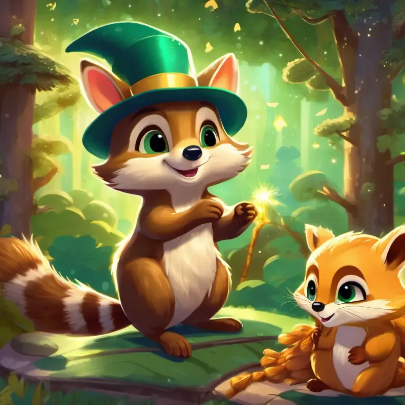 Sparkling fairy with golden hair, green eyes, and shimmering wings is seen tucking Mischievous raccoon with a dapper hat and a curious twinkle and the squirrel into their beds, with a warm smile, and magical sparkles filling the room.