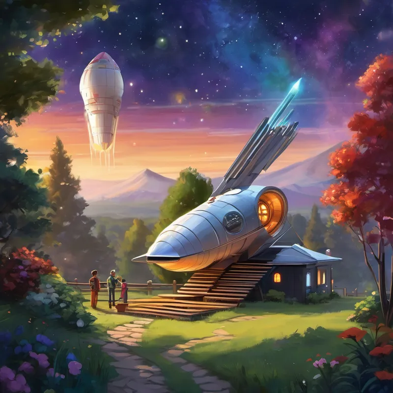 Together, Jack and Mr. Thomas built a small spaceship in Mr. Thomas's backyard. They worked tirelessly day and night, using their knowledge and imagination to create a rocket that would take them to the moon. Jack's friends, Emily and Alex, joined them to assist in their mission. They painted the spaceship silver with stars and planets, making it look like something straight out of a science fiction movie.
Finally, the day came when the spaceship was ready for its maiden voyage. Jack's parents and friends gathered in the backyard to say goodbye and wish them luck. With a loud blast, the rocket took off into the sky, leaving a trail of glittering stardust behind.
As they soared through space, Jack and his friends marveled at the beauty of the universe. They saw shooting stars, colorful nebulas, and distant galaxies. The feeling of weightlessness made them giggle and laugh as they floated around the cabin, like real astronauts.