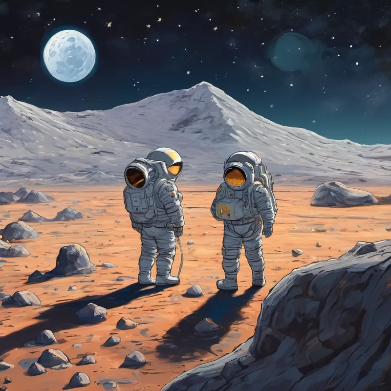 After a long journey, their spaceship safely landed on the moon's surface. Jack couldn't believe his eyes as he stepped out and set foot on the powdery ground. The moon looked so different up close, with craters and mountains as far as the eye could see.
Together, the friends explored the moon, collecting moon rocks and taking pictures. They played games of moon volleyball, jumping high in the low gravity. They even had a picnic with sandwiches and juice boxes, sitting cross-legged on the moon's surface. It was the most amazing adventure they had ever experienced.