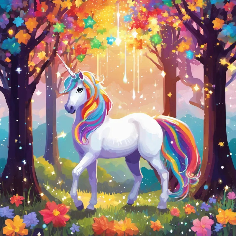 Once upon a time in a magical land filled with rainbows and sparkles, there lived a beautiful unicorn named Starlight. Starlight had a long, shiny mane that shimmered in every color of the rainbow, and a horn that glowed as bright as the stars in the night sky. One sunny morning, Starlight was playing in a meadow when a little boy named Max stumbled upon her. Max's eyes widened with wonder and excitement as he gazed at the magnificent creature before him. Starlight gently nuzzled Max, showing him that she was friendly and kind.