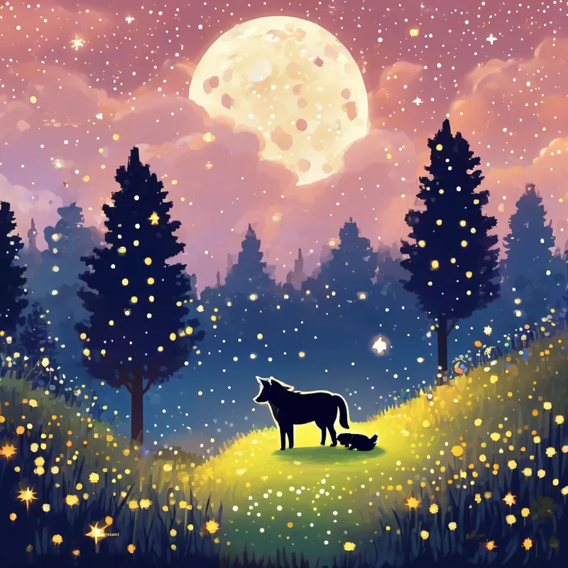 As the day turned into night, Max and Starlight found themselves in a magical meadow filled with fireflies. The fireflies twinkled and danced, creating a marvelous display of lights that illuminated the entire land. Starlight and Max settled down on a soft, fluffy cloud, looking up at the vast sky spotted with thousands of stars. Starlight told Max stories about constellations, and they picked out their favorite shapes among the sparkling dots.