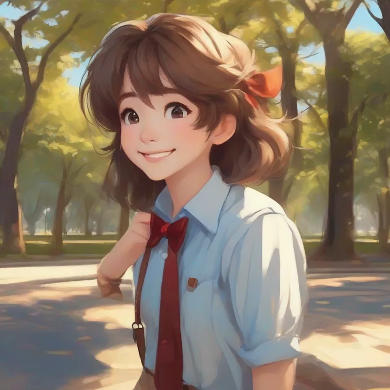 Brown hair, blue shirt, and big smile and Brown fur, red bowtie, and friendly eyes at a sunny park