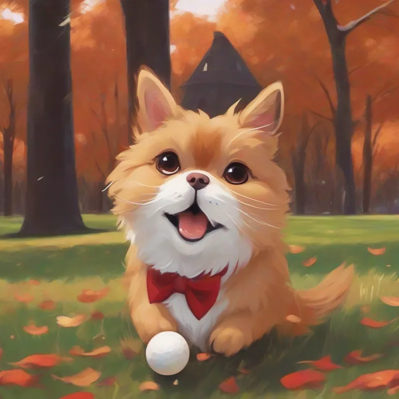 Brown fur, red bowtie, and friendly eyes throwing a ball in the park
