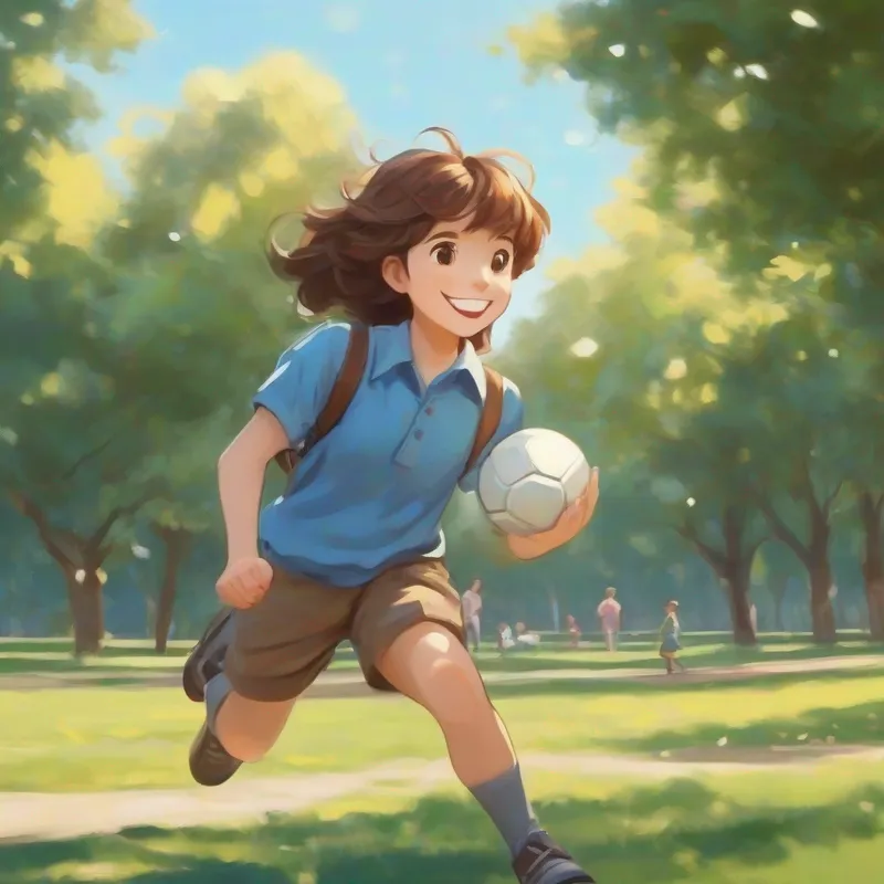 Brown hair, blue shirt, and big smile catching the ball in the park