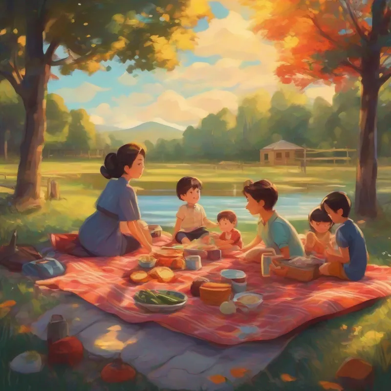 Family having a picnic with a colorful blanket