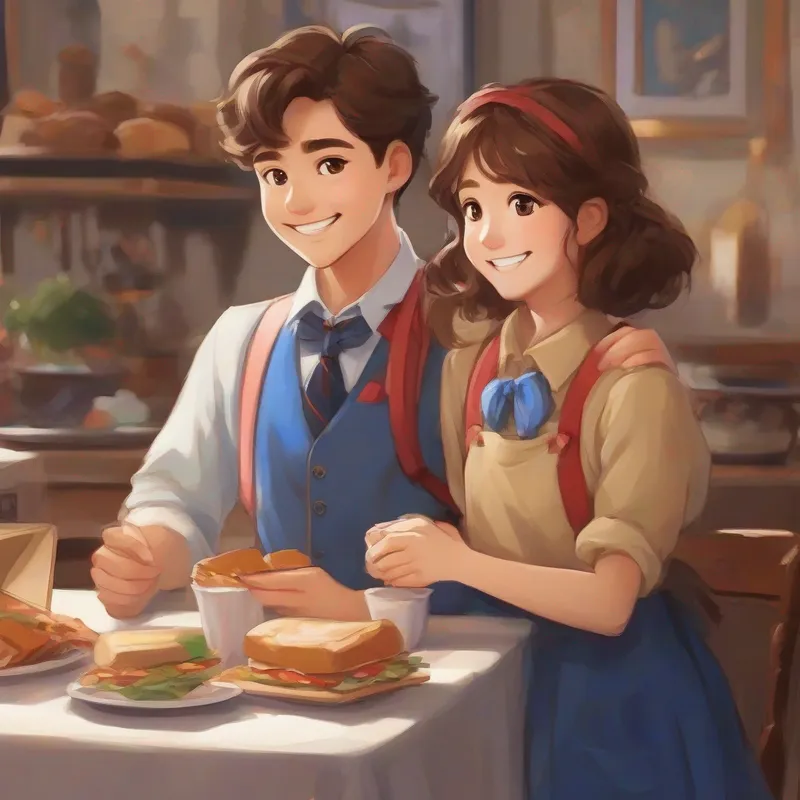 Brown hair, blue shirt, and big smile and Brown fur, red bowtie, and friendly eyes having sandwiches with the family