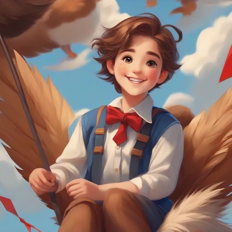 Brown hair, blue shirt, and big smile and Brown fur, red bowtie, and friendly eyes flying a red kite