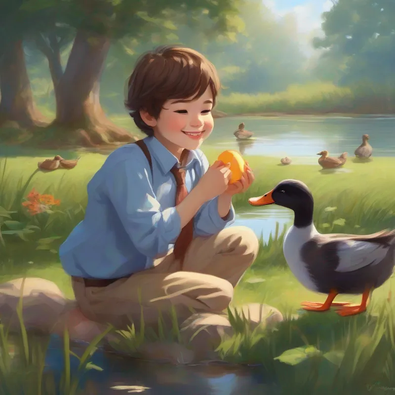 Brown hair, blue shirt, and big smile and Brown fur, red bowtie, and friendly eyes feeding ducks at the pond