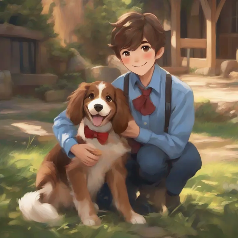 Brown hair, blue shirt, and big smile finding a lost puppy and Brown fur, red bowtie, and friendly eyes wagging his tail