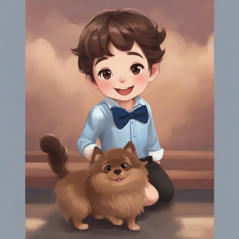 Brown hair, blue shirt, and big smile and Brown fur, red bowtie, and friendly eyes returning the lost puppy