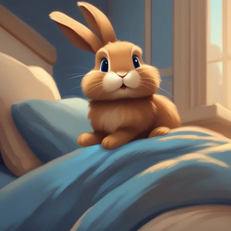 The A bunny with soft brown fur, sometimes wearing a blue bow. tossing and turning in bed, with a tired expression.