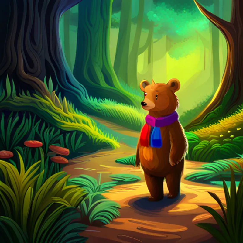 Small bear with brown fur and a colorful scarf walking in a magical forest