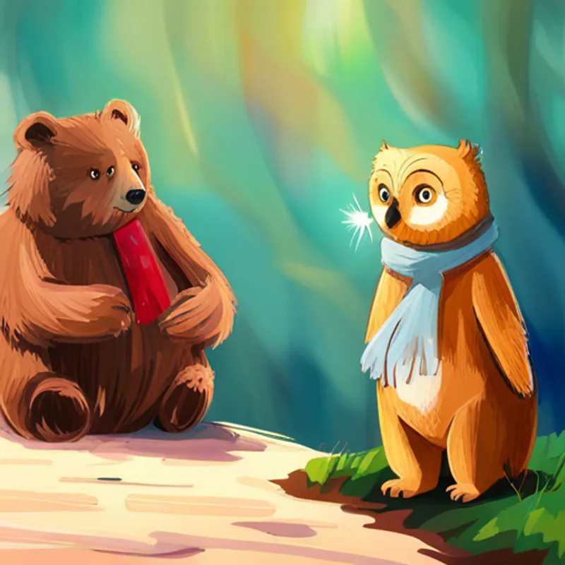 Small bear with brown fur and a colorful scarf talking to a wise owl