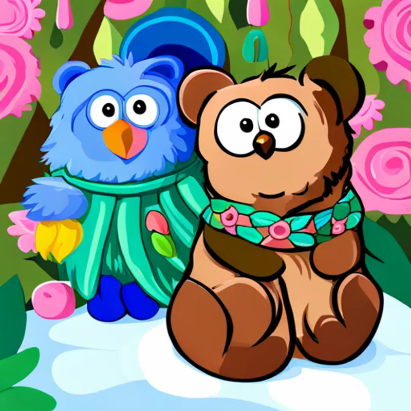 Small bear with brown fur and a colorful scarf and Wise owl with fluffy feathers and big round eyes following a trail of flowers