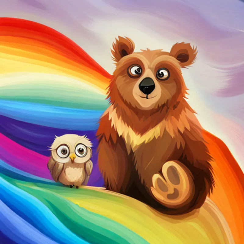Small bear with brown fur and a colorful scarf and Wise owl with fluffy feathers and big round eyes climbing up a rainbow