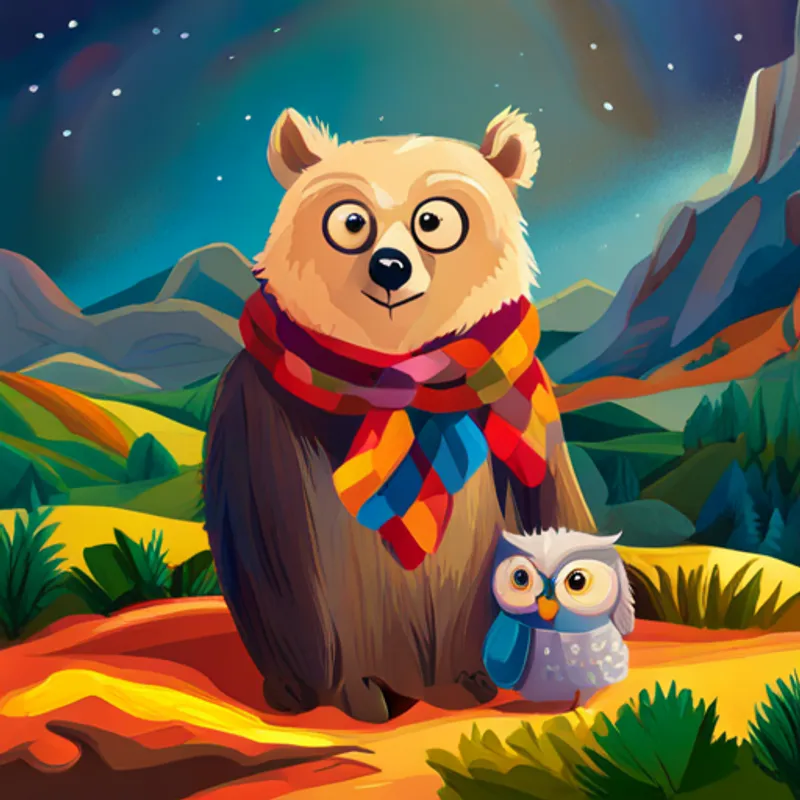 Small bear with brown fur and a colorful scarf and Wise owl with fluffy feathers and big round eyes amazed by colorful lands