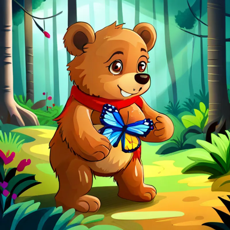 Small bear with brown fur and a colorful scarf playing with a colorful butterfly