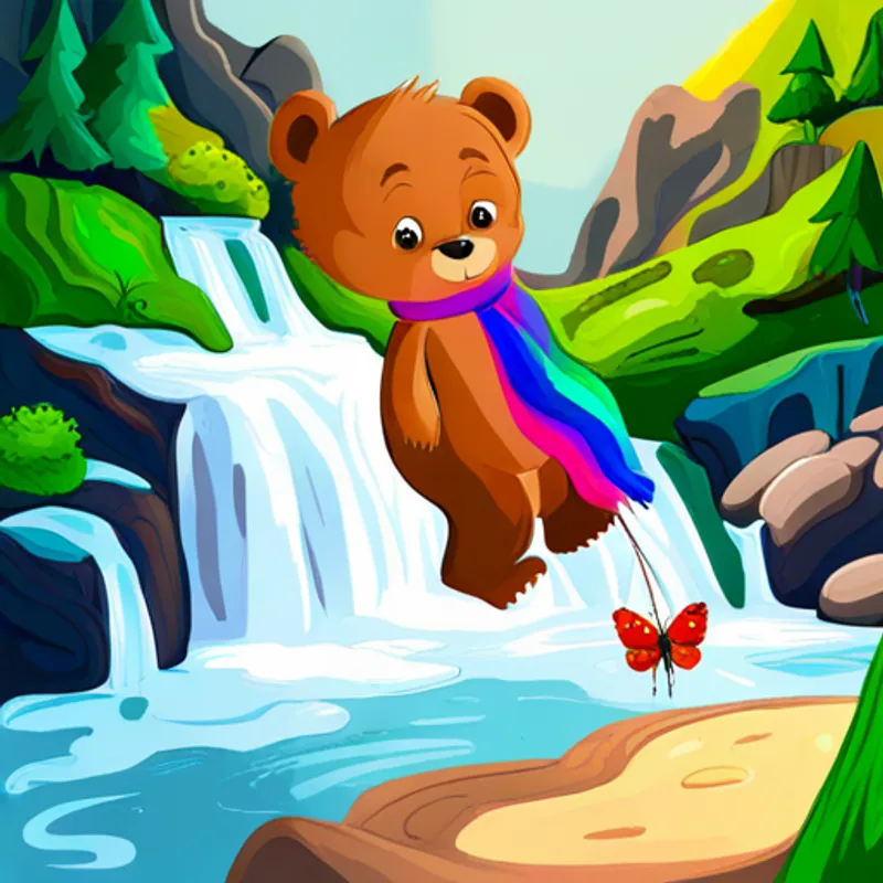Small bear with brown fur and a colorful scarf and Playful butterfly with vibrant wings and delicate antennae sliding down colorful waterfall
