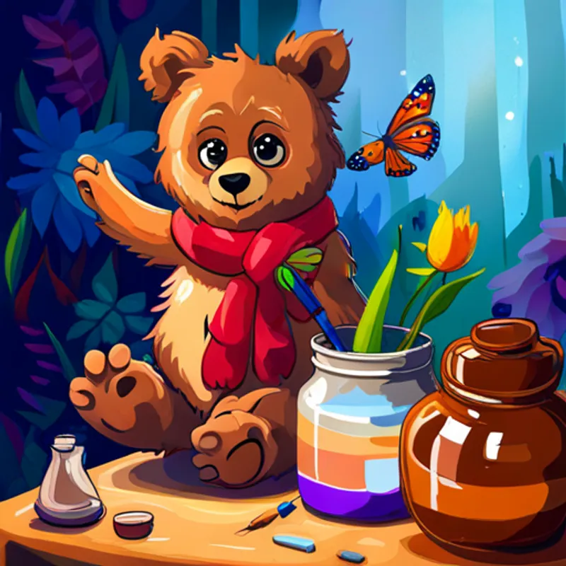 Small bear with brown fur and a colorful scarf, Wise owl with fluffy feathers and big round eyes, and Playful butterfly with vibrant wings and delicate antennae near a pot of paint