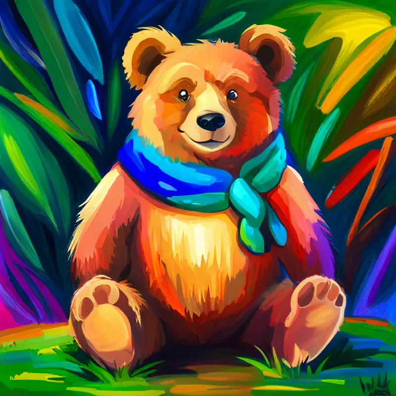 Small bear with brown fur and a colorful scarf proudly showing off a vibrant rainbow