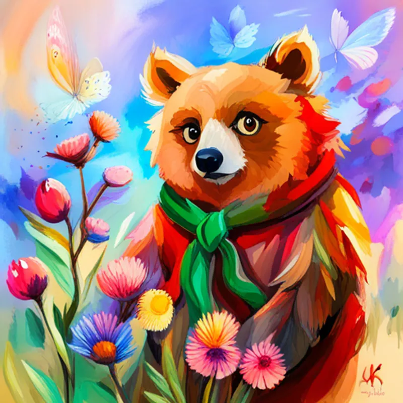 Small bear with brown fur and a colorful scarf, Wise owl with fluffy feathers and big round eyes, Playful butterfly with vibrant wings and delicate antennae, and friends rejoicing