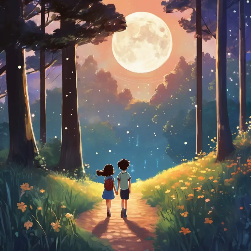 Once upon a time, in a little town surrounded by tall trees and twinkling stars, there lived two best friends named Lau and Kerry. Lau had curly brown hair that bounced with every step, while Kerry had straight black hair that shimmered in the sunlight. They were inseparable and loved going on adventures together. One magical summer night, the two friends lay side by side on a soft and cozy grassy meadow, their eyes gazing at the vast night sky. The moon was glowing like a shiny pearl, and the stars were twinkling in perfect harmony. But that night, something extraordinary was about to happen – a meteor shower!