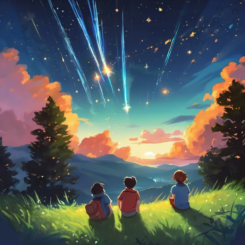 Lau and Kerry had heard stories about these meteors, how they streaked across the sky leaving trails of pure brilliance behind them. They had always dreamed of witnessing this incredible display of lights. As they lay on the grass, they felt a sense of anticipation building up in their hearts. Suddenly, without warning, the first meteor shot across the sky like a magical firework! It left behind a trail of unimaginable beauty - a long, luminous tail that sparkled and glowed. Lau and Kerry's eyes widened with wonder as they followed the meteor's path with amazement.