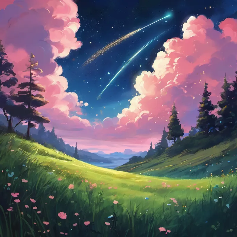 One after another, the meteors danced across the night sky, painting it with hues of blue, green, and pink. Lau and Kerry couldn't help but gasp in awe at the magnificent sight before them. It felt like they were watching a kingdom of shooting stars, putting on a show just for them. The meteors seemed friendly as if they understood Lau and Kerry's excitement. They twinkled brighter than any star, leaving behind a trail of stardust that made the grass beneath them shimmer like magic. The air was filled with joy and a sense of enchantment.