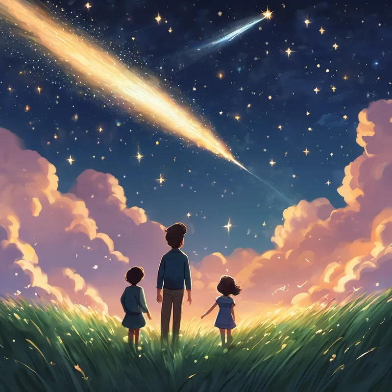 Lau and Kerry lay there, completely captivated by the meteor shower. They giggled and pointed as each meteor crossed their line of sight, their little fingers trying to trace the patterns they made in the sky. They made wishes with all their hearts, hoping that their dreams would come true. As the meteor shower started to fade, Lau and Kerry remained lying on the soft grass, their eyes still searching the night sky. They felt their hearts filled with gratitude for having witnessed such a breathtaking moment. Even though the meteors disappeared, the memories of that night would forever remain in their hearts.