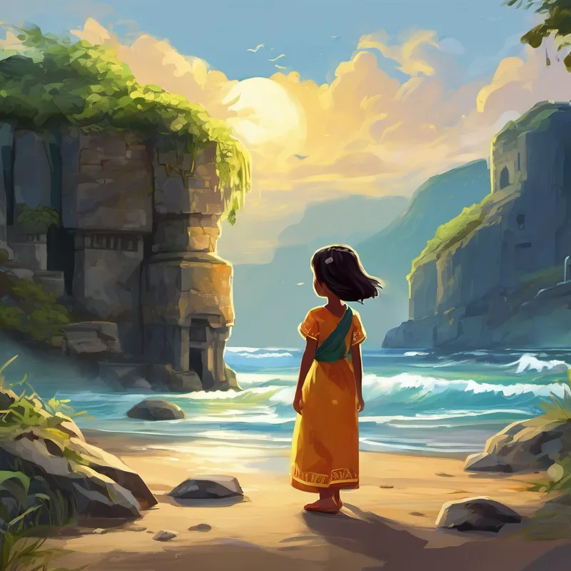 Once upon a time, in a land filled with magic and wonder, there lived a nine-year-old girl named Ellora. She had the brightest smile and a heart full of joy that could light up even the darkest corners of the world. Ellora had a great love for adventure and exploring new places, always seeking to find the hidden treasures that life had to offer. One bright sunny morning, as she slept cozily in her bed, Ellora's dreams carried her to a mysterious island. As she opened her eyes, she found herself standing on a deserted beach, surrounded by the sounds of crashing waves and the scent of salty air.