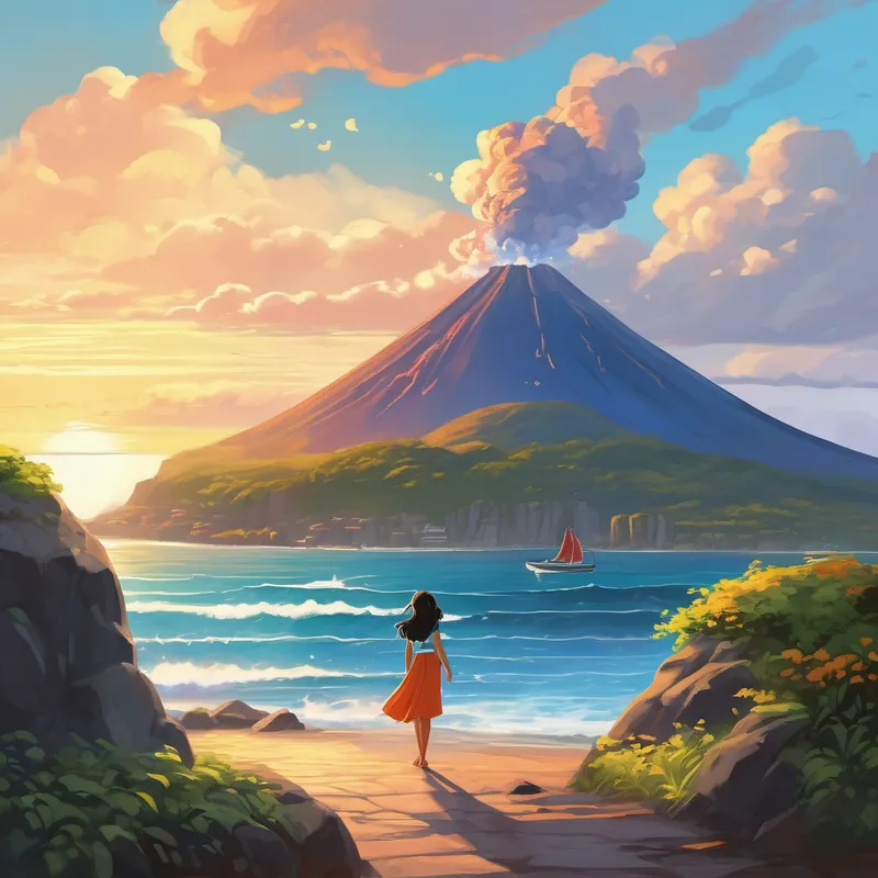 Her eyes widened with wonder as she took in the breathtaking beauty that lay before her. In the distance, a mighty volcano loomed, its top puffing gentle gray smoke against the vibrant blue sky. The sea sparkled like a jewel, its waves crashing against the shore with playful joy. And the sun, high above in the sky, radiated warmth and embraced the island in its golden light. Ellora couldn't resist the allure of this enchanting place and felt an overwhelming desire to run towards the magnificent sights. Full of excitement, she kicked off her shoes and took her first steps, feeling the cool sand beneath her feet. But as she ventured further, something strange happened.