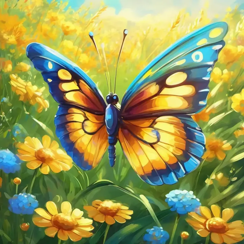 Introduction to A playful butterfly with see-through wings, sunny yellow with bright blue eyes in the vibrant meadow, setting the scene, sunny and colorful.