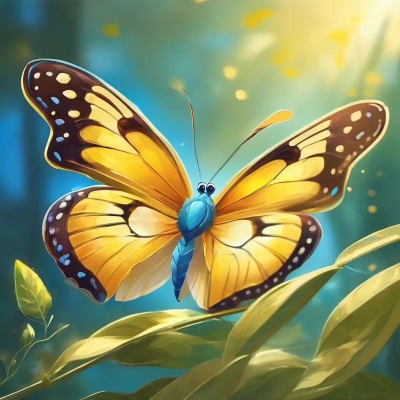 A playful butterfly with see-through wings, sunny yellow with bright blue eyes feels sad about her wings, friends reassure her, positive and supportive atmosphere.