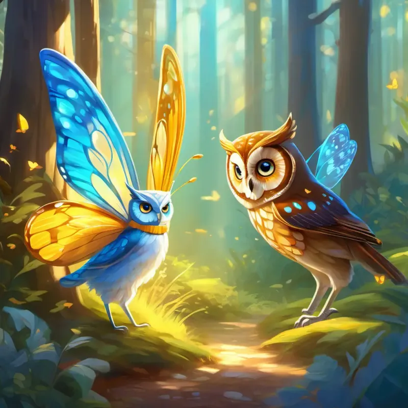 A playful butterfly with see-through wings, sunny yellow with bright blue eyes seeks advice from the A wise old owl with soft, feathery brown and intelligent amber eyes, magical forest setting, wise and mystical atmosphere.