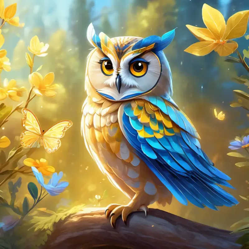 The owl explains the magic of A playful butterfly with see-through wings, sunny yellow with bright blue eyes's wings, emphasizing her kind and gentle nature, mystical and heartwarming tone.