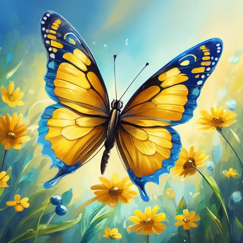 A playful butterfly with see-through wings, sunny yellow with bright blue eyes embraces her uniqueness, positive realization, heartwarming and empowering message.