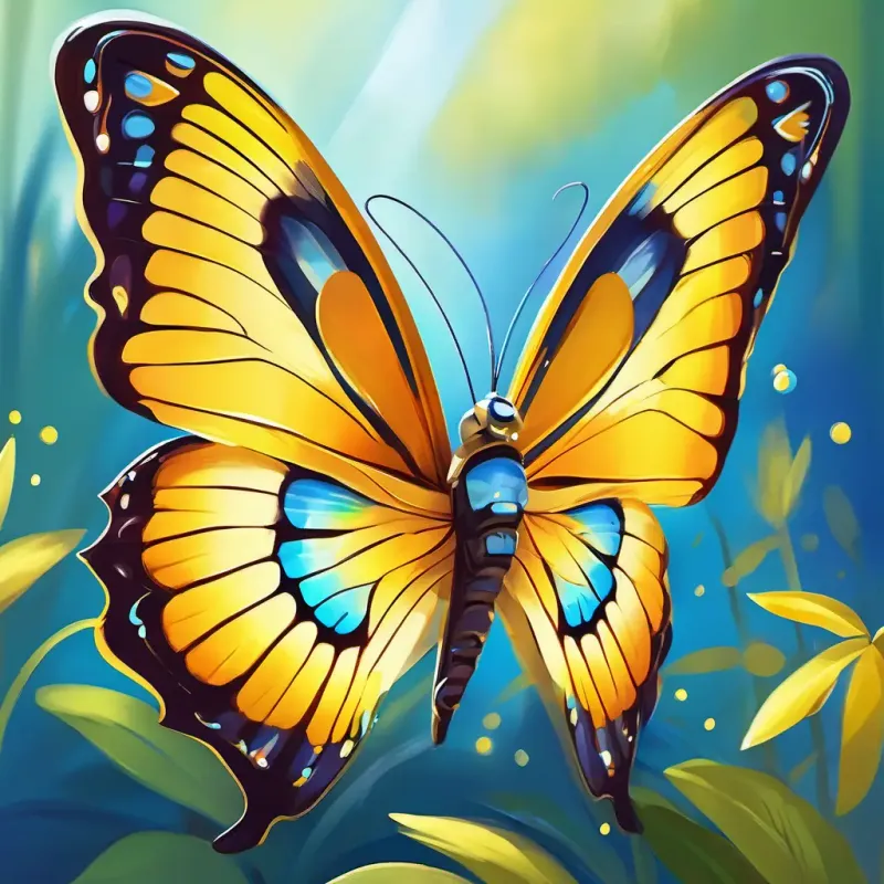 A playful butterfly with see-through wings, sunny yellow with bright blue eyes spreading joy with her wings, inspiring others, joyful and uplifting atmosphere.