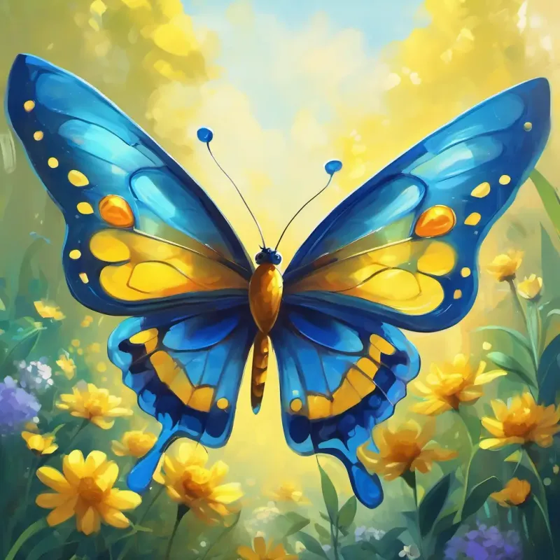 A playful butterfly with see-through wings, sunny yellow with bright blue eyes's happy ending, celebrating her uniqueness, heartwarming and joyful conclusion.